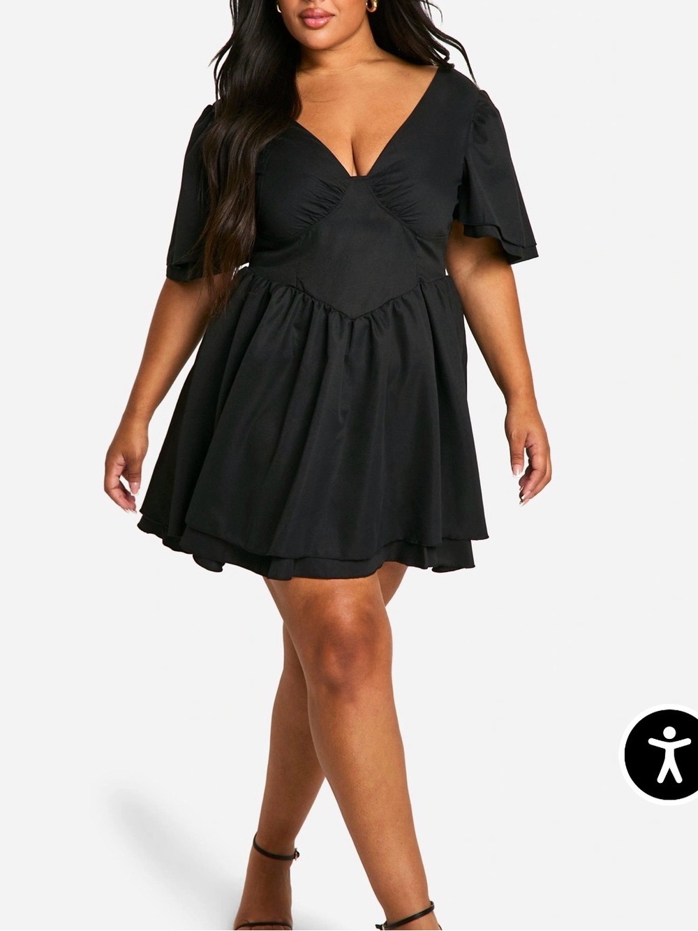 Boohoo Black Boho Mini Dress NWT US 18 Plunge V Neck Flutter Sleeve Fit Flare